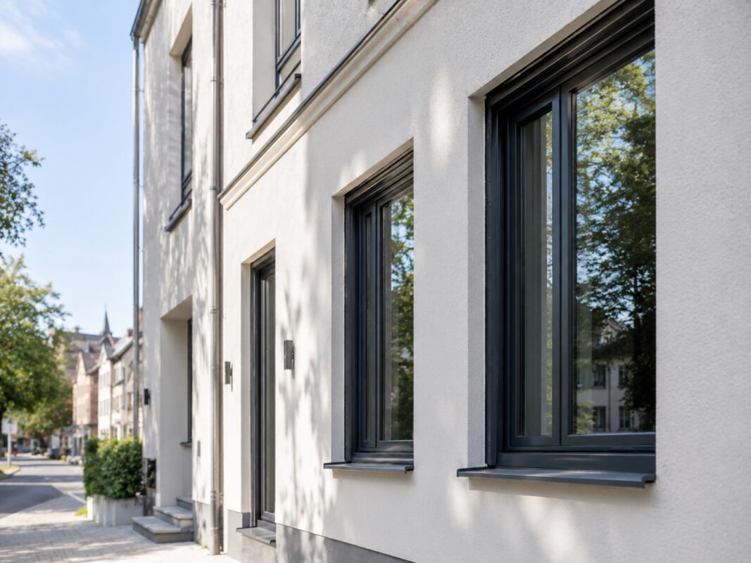 Fassade eines Wohnhauses inklusive moderner Fenster in Würzburg.