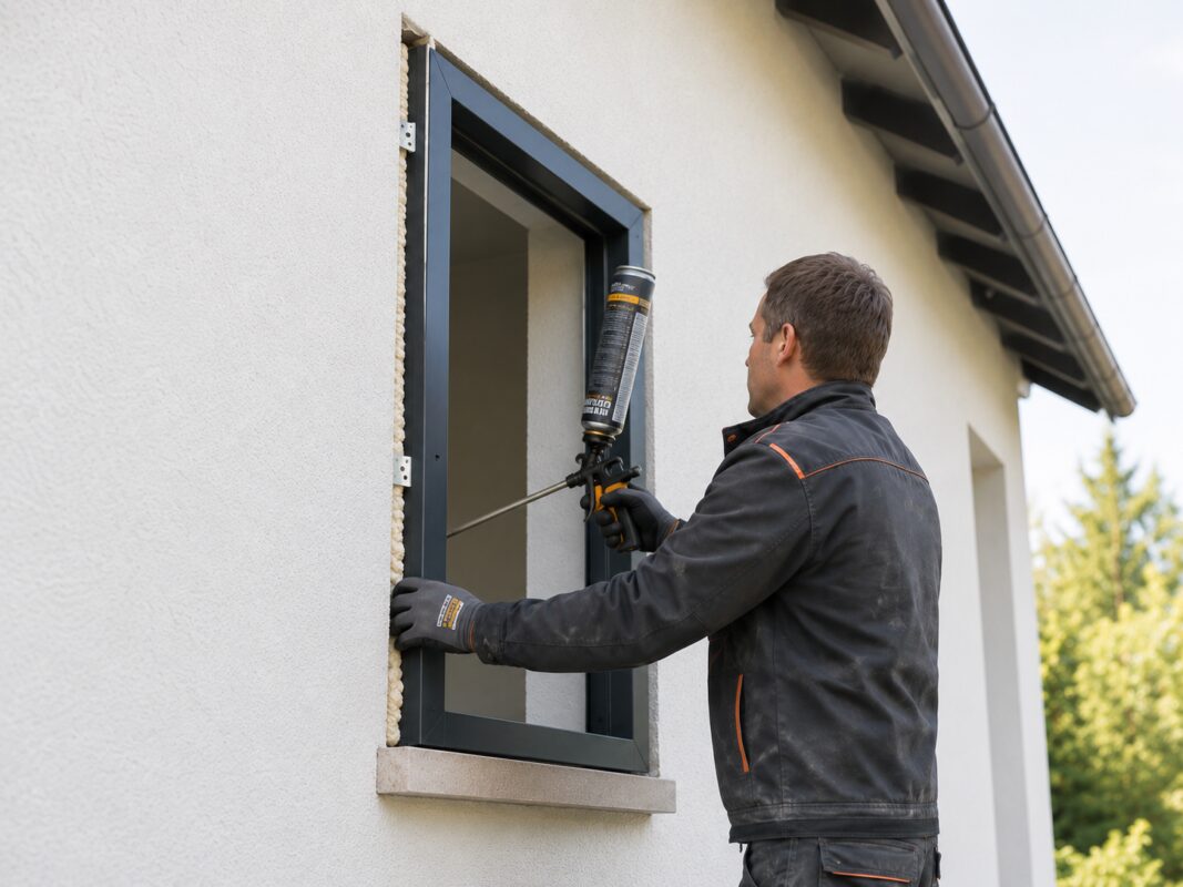 Ein Handwerker passt bei der Fenstermontage in Würzburg ein Fassadenfenster von außen in die neue Fensteröffnung ein.