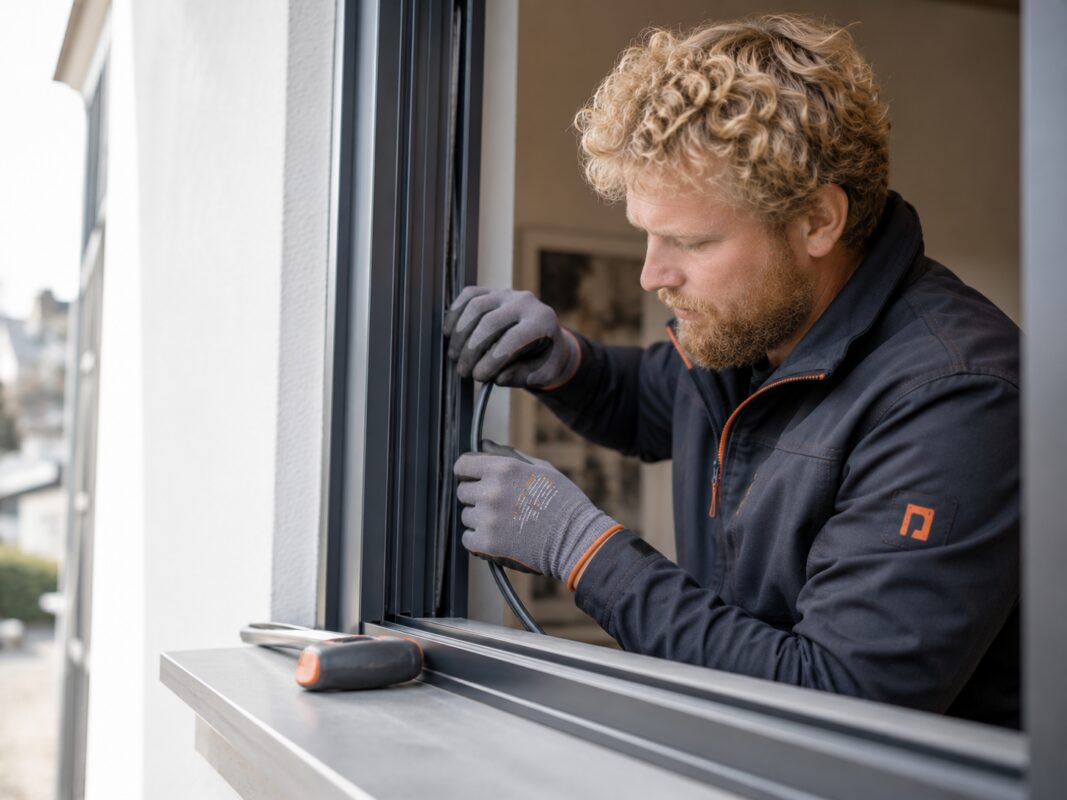 Ein Fachmann dichtet bei einer Fensterreparatur in Würzburg ein Fassadenfenster neu ab.