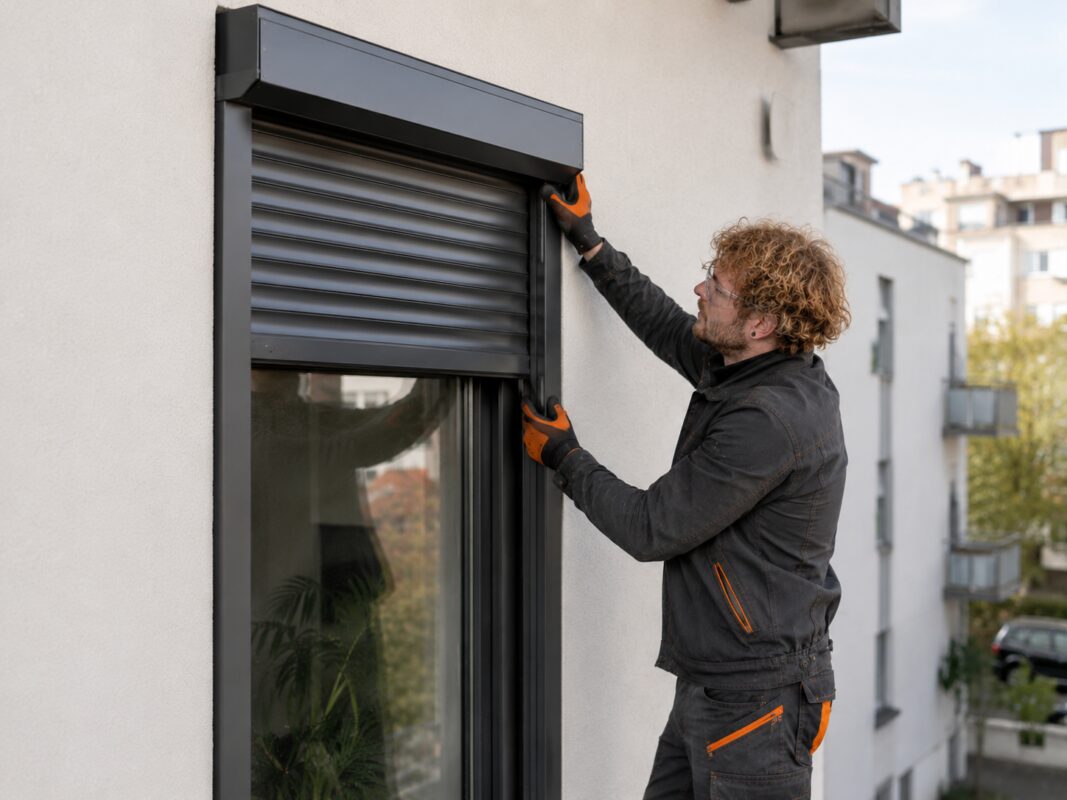 Ein Fensterprofi richtet einen Rollladen beim Einbau an einem Fassadenfenster in Würzburg exakt aus.