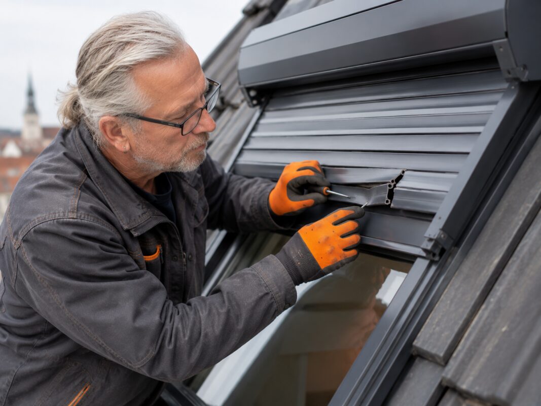 Bei einer Rollladen-Reparatur in Würzburg entfernt ein Fachmann eine defekte Lamelle an einem Dachfenster-Rollladen.