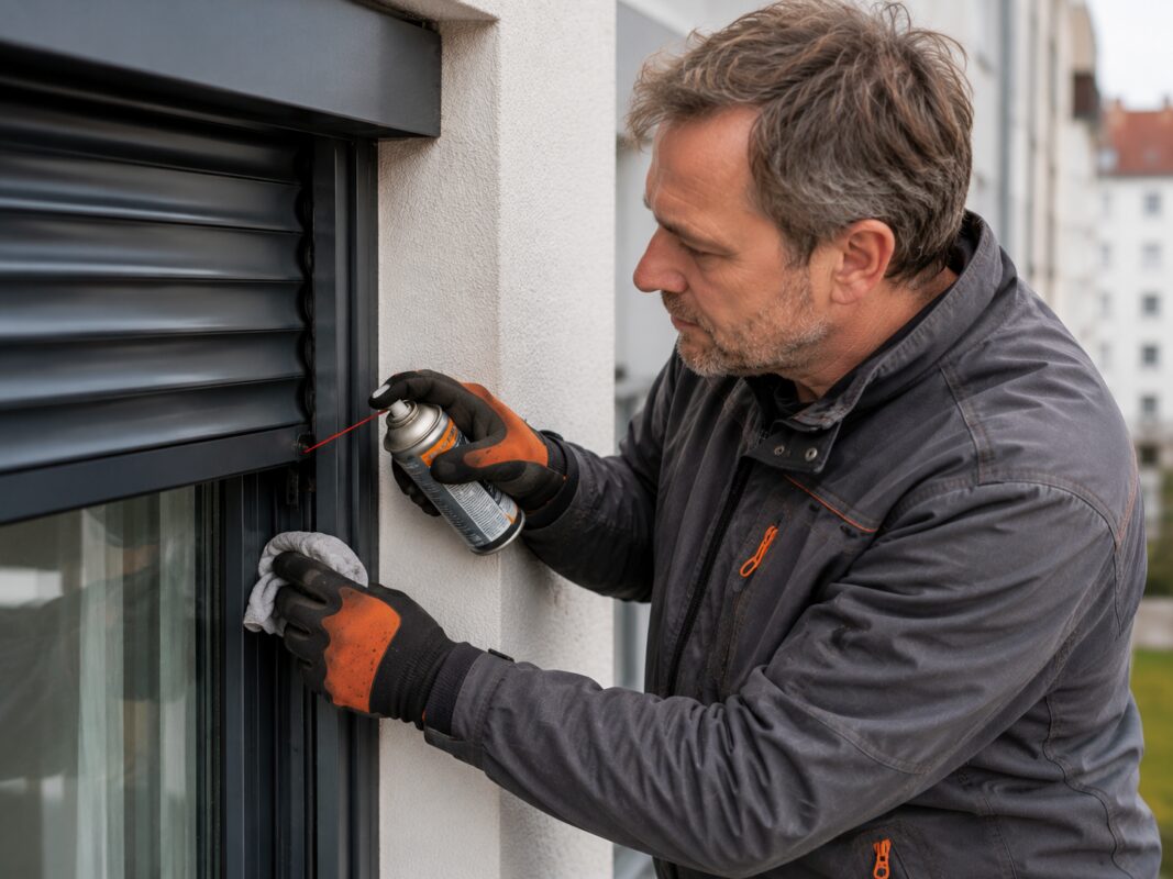 Bei einer Rollladen-Wartung in Würzburg schmiert ein Handwerker eine Führungsschiene an einem Fassadenfenster.